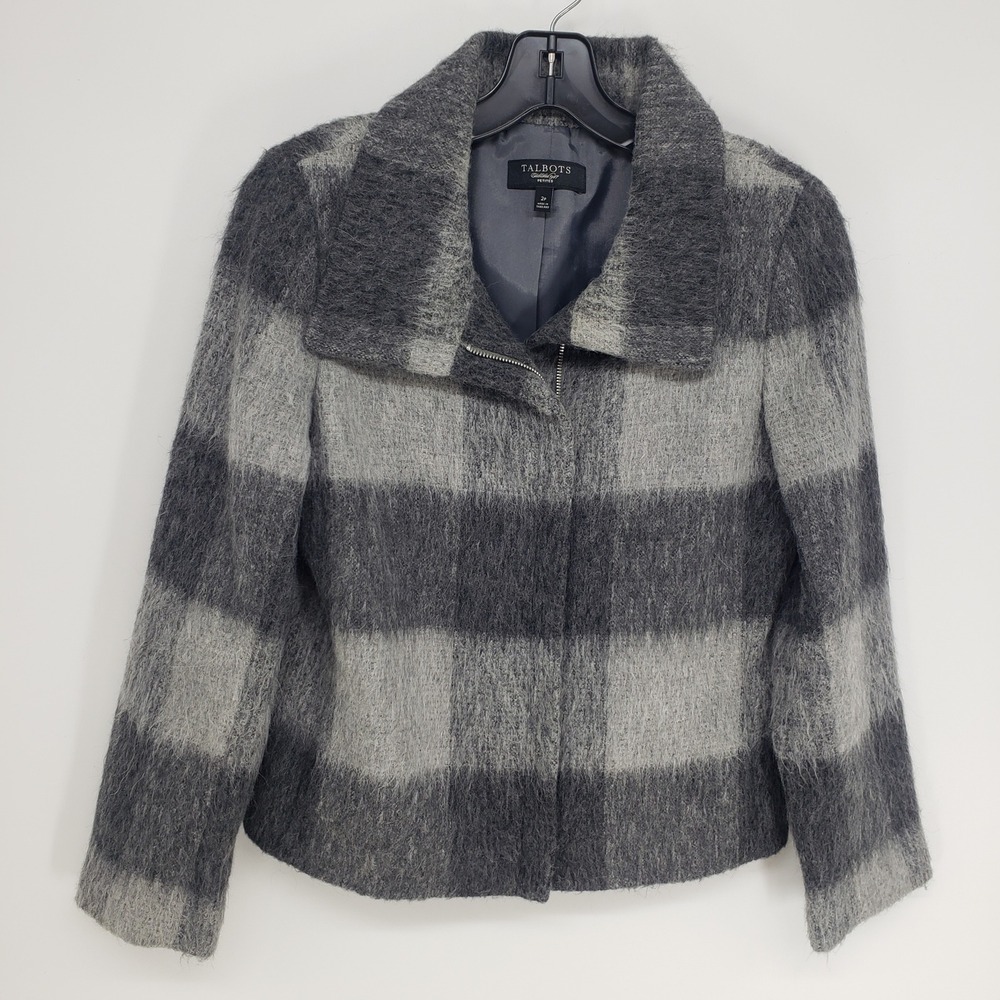 Talbots Buffalo Plaid Wool Alpaca Blend Jacket Womens 2P Grey Zip Up Coat Work